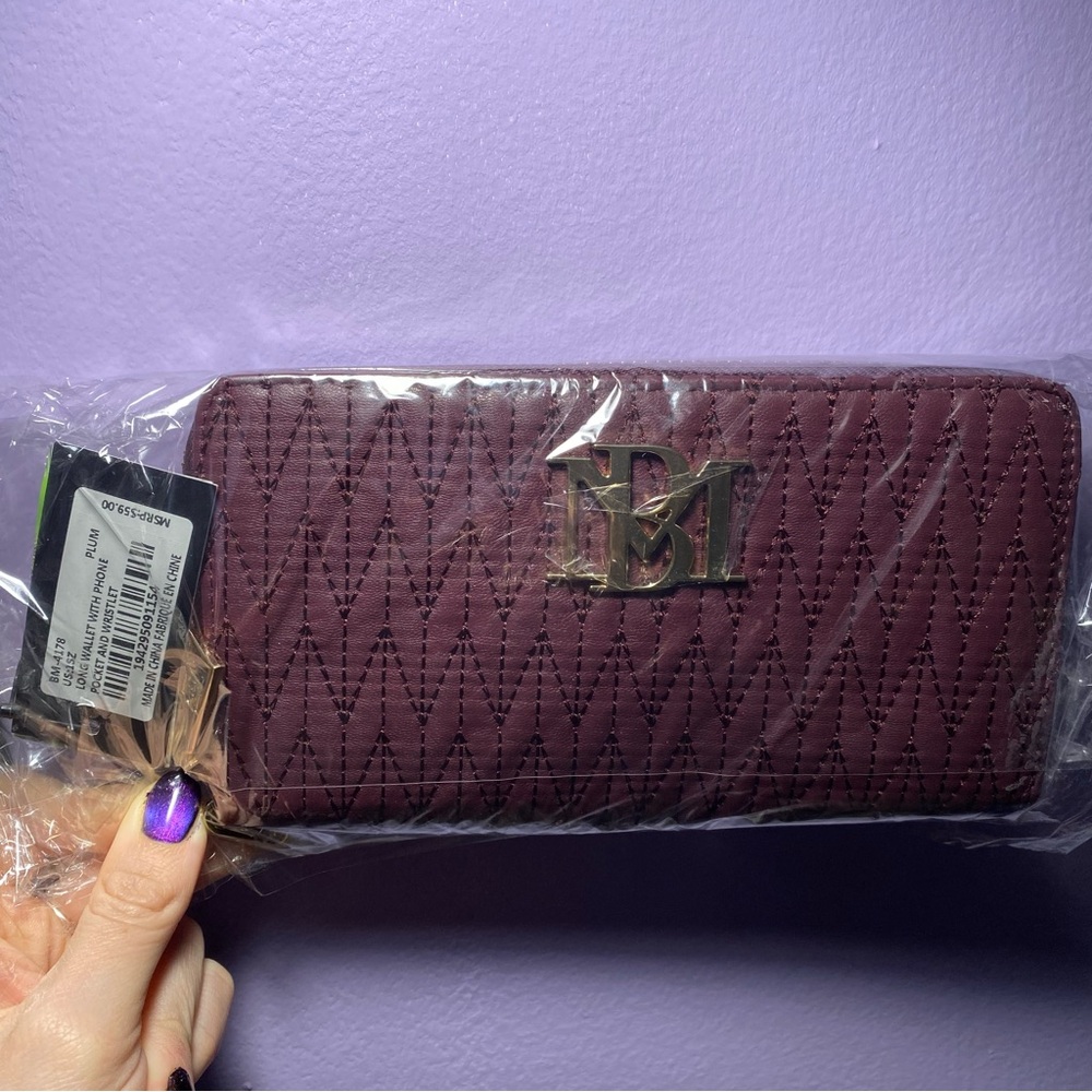 QUILTED BADGLEY MISCHKA PLUM LONG WALLET W/ PHONE POCKET AND WRISTLET